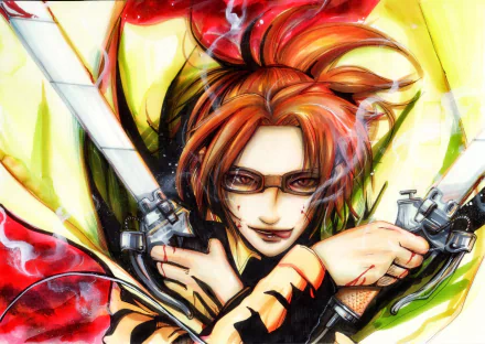 A vibrant HD wallpaper featuring Hange Zoë from the anime Attack on Titan, showcasing their dynamic pose with dual swords and a striking colorful background.