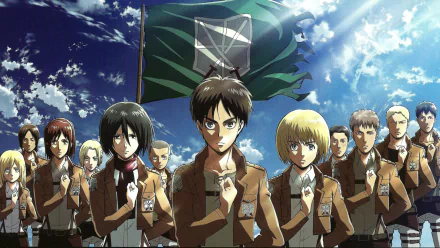 HD desktop wallpaper featuring characters from Attack on Titan, including Historia Reiss, Ymir, Sasha Blouse, Annie Leonhart, and more, standing with a flag in the background.
