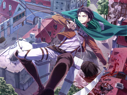 Levi Ackerman from Attack on Titan swings through a chaotic urban landscape, showcasing his agility and strength in this striking HD anime wallpaper.
