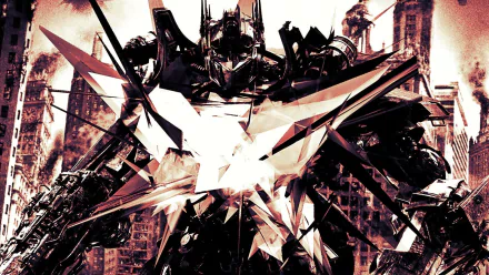 A striking HD desktop wallpaper featuring Optimus Prime from the Transformers movie, showcasing an abstract design with sharp angles and a dynamic urban backdrop.