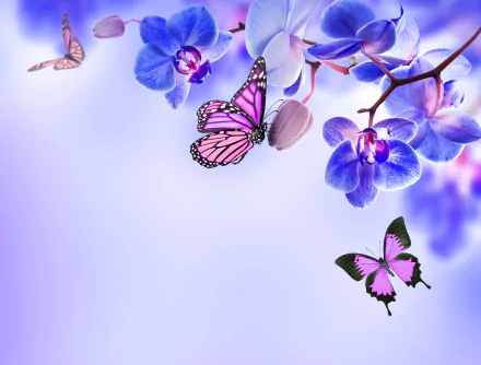 A vibrant HD wallpaper featuring blue orchids and delicate butterflies, set against a soft purple background, celebrating the beauty of nature.
