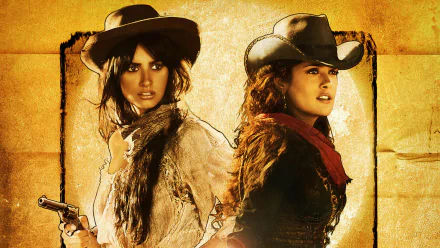 Salma Hayek and Penelope Cruz gear up as fierce cowgirls in this HD wallpaper from the movie Bandidas, embodying adventure and camaraderie against a Western backdrop.