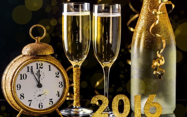 Día festivo Año Nuevo 2016 Champagne Bottle Reloj Año Nuevo Vidrio Fondo de pantalla HD | Fondo de Escritorio