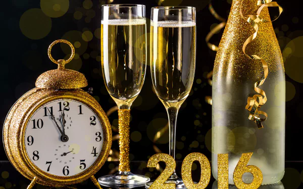 A festive New Year 2016 scene featuring two sparkling champagne flutes, a glittery clock, and a shimmering bottle, all set against a backdrop of golden decorations.