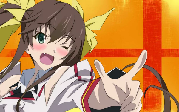 HD PC desktop wallpaper of an Infinite Stratos anime girl winking and reaching toward the viewer, yellow hair ribbons and white uniform set against a bold orange cross-pattern background.