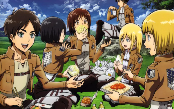 HD desktop wallpaper featuring Sasha Blouse, Levi Ackerman, Historia Reiss, Armin Arlert, Mikasa Ackerman, and Eren Yeager from Attack on Titan, enjoying a picnic in the countryside.
