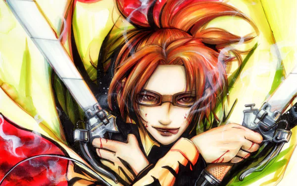 A vibrant HD wallpaper featuring Hange Zoë from the anime Attack on Titan, showcasing their dynamic pose with dual swords and a striking colorful background.
