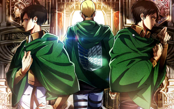 HD desktop wallpaper featuring anime characters Erwin Smith, Levi Ackerman, and Eren Yeager from Attack on Titan, wearing green cloaks with the Survey Corps emblem.