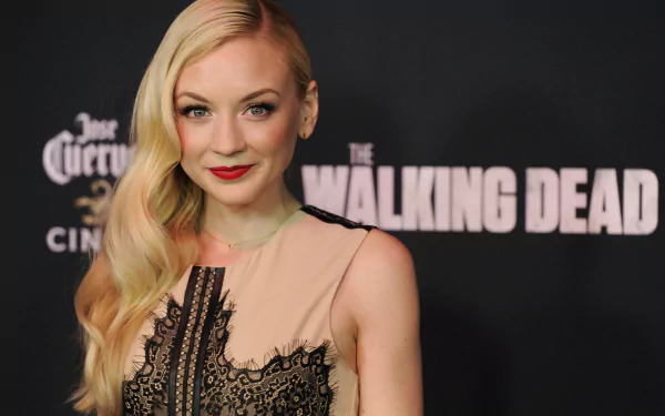American singer and actress Emily Kinney poses at a red carpet event for The Walking Dead in this 4K Ultra HD PC desktop wallpaper and background.