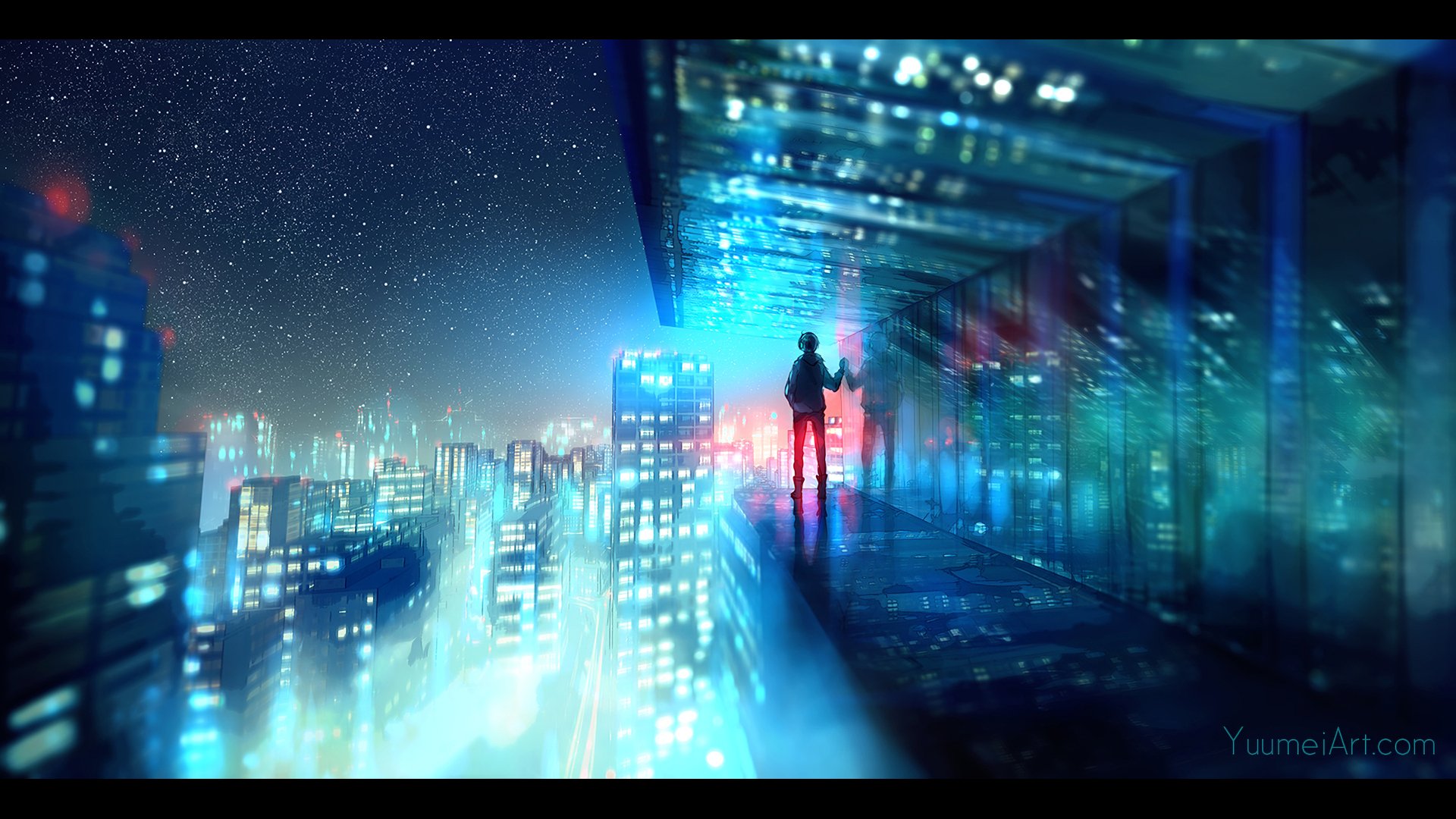 Anime cityscape at night from Fisheye Placebo, showcasing futuristic buildings and twinkling stars. This HD desktop wallpaper and background features vibrant colors and reflective glass surfaces.