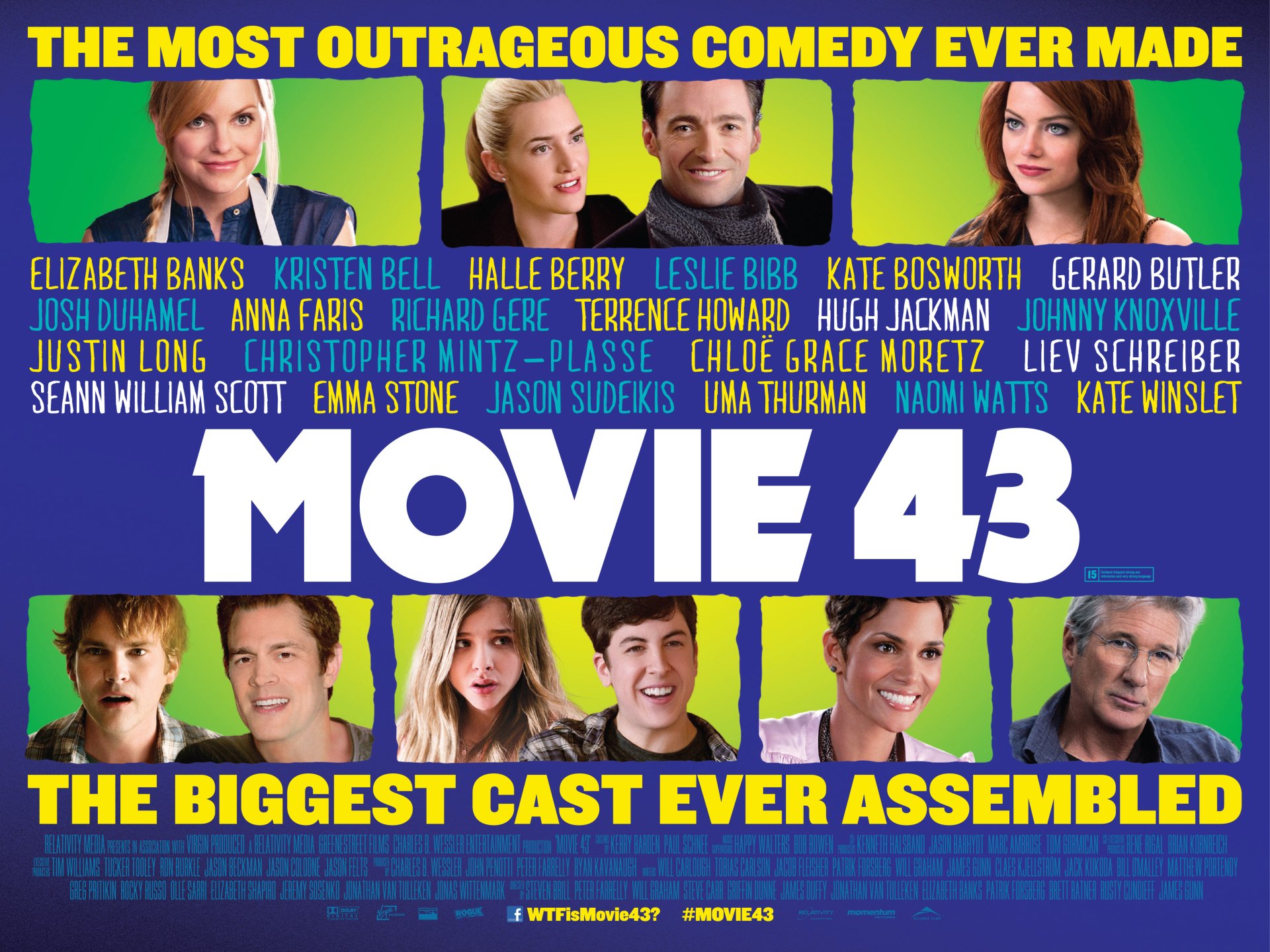 4K Ultra HD desktop wallpaper featuring the colorful poster of Movie 43, showcasing a star-studded cast against a vibrant green and blue background.