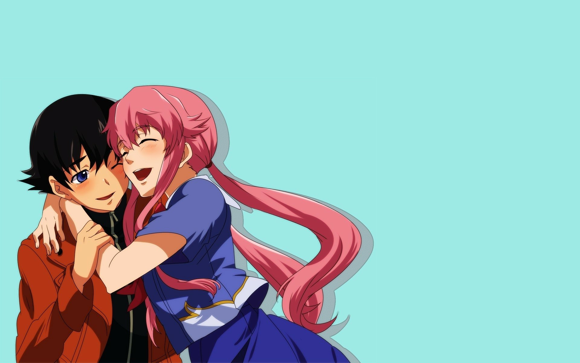 A vibrant HD wallpaper featuring Yuno Gasai and a male character from *Mirai Nikki*, showcasing their playful interaction against a light blue background.
