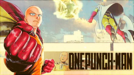 Saitama from One-Punch Man stands confidently with his iconic red gloves, set against a dynamic backdrop, showcasing the powerful style of anime in this HD wallpaper.
