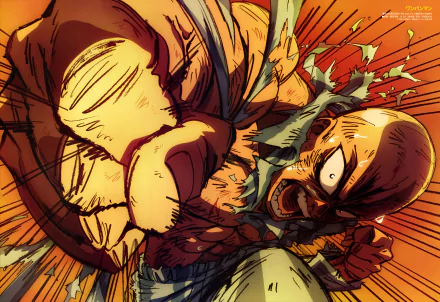 HD desktop wallpaper featuring Saitama from the anime One-Punch Man, showcasing an intense action scene with vibrant colors and dynamic motion.