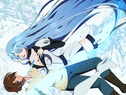 HD wallpaper featuring Tatsumi and Esdeath from the anime Akame ga Kill!. Esdeath holds Tatsumi against a snowy background with her long blue hair flowing dramatically.