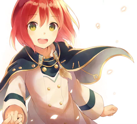 A vibrant HD wallpaper featuring Shirayuki from Snow White With The Red Hair, showcasing her cheerful expression and dynamic pose against a light background.