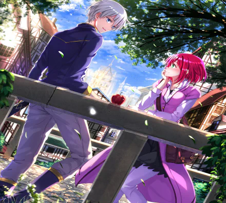 A vibrant HD wallpaper featuring Shirayuki and Zen Wistalia from Snow White With The Red Hair, set against a picturesque backdrop with lush greenery and an enchanting atmosphere.