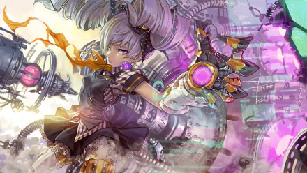 A dynamic HD wallpaper featuring Bronya Zaychik from Guns Girl - School DayZ, showcasing her in an anime-inspired setting with futuristic elements and vibrant colors.