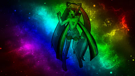 Anime girl with long twin tails and feline ears stands against a vibrant, colorful cosmic background in this 4K Ultra HD PC desktop wallpaper.