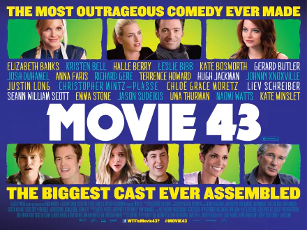 4K Ultra HD desktop wallpaper featuring the colorful poster of Movie 43, showcasing a star-studded cast against a vibrant green and blue background.