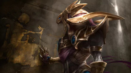 A high-definition desktop wallpaper featuring Azir from League of Legends, showing the character in an ancient, regal armor with golden accents, standing next to a weathered stone mural.