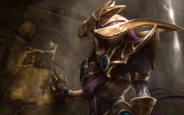 A high-definition desktop wallpaper featuring Azir from League of Legends, showing the character in an ancient, regal armor with golden accents, standing next to a weathered stone mural.