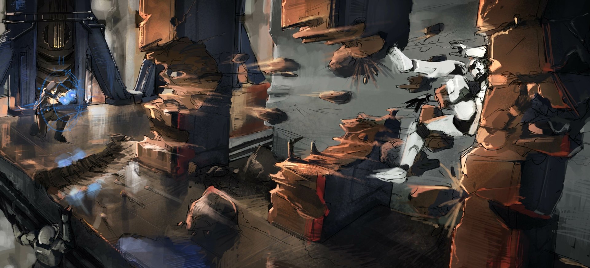 4K Ultra HD PC desktop wallpaper from the video game Star Wars: The Force Unleashed showing a stormtrooper thrown against crumbling walls as debris floats in a dark, industrial corridor.