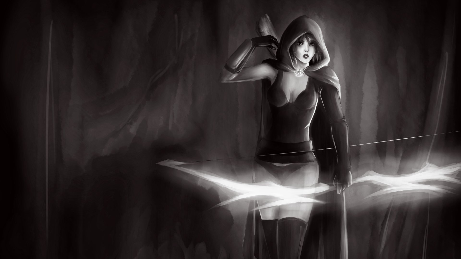 Cute fantasy archer warrior in a hood draws a glowing bow amid a misty cavern — 4K Ultra HD PC desktop wallpaper/background.