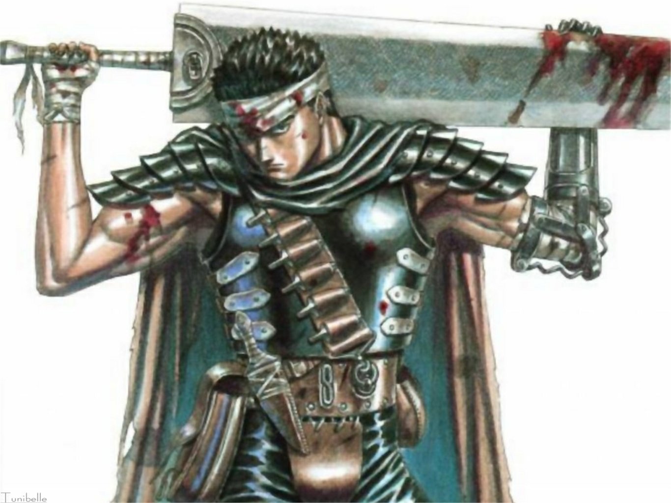 HD anime desktop wallpaper featuring Guts from Berserk, depicted in detailed armor with his massive sword resting on his shoulders.