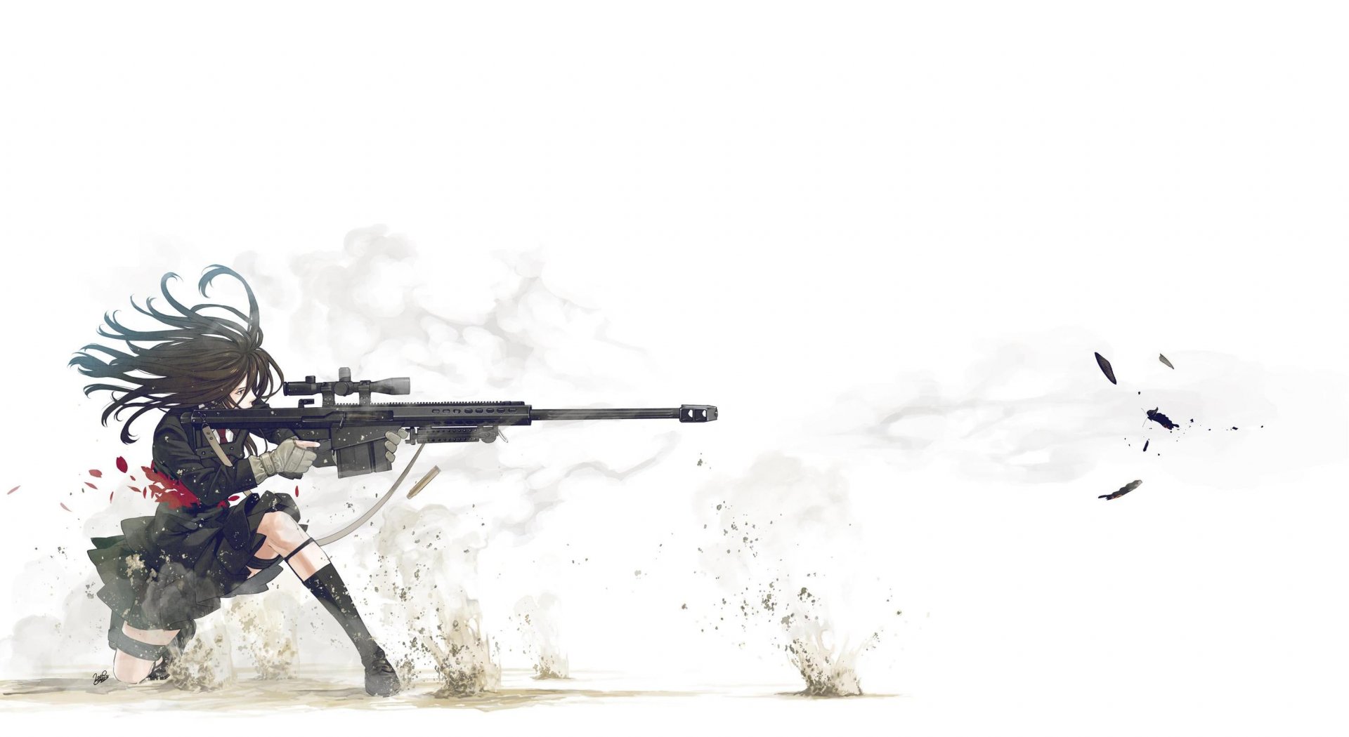 HD anime wallpaper featuring a woman with dark hair aiming a large sniper rifle, set against a minimalist background with dynamic action elements and a smoking barrel.
