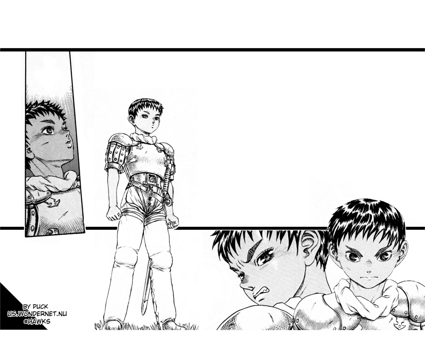 Black-and-white anime-style HD desktop wallpaper featuring characters from Berserk, with detailed close-ups and a full-body figure against a white background.