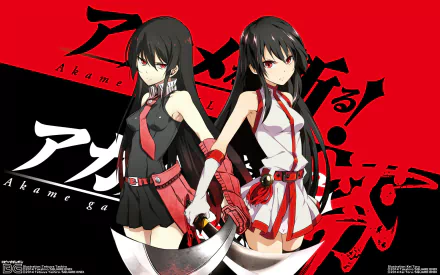 Anime-themed HD wallpaper featuring Akame from Akame Ga Kill! in black and white dresses, both wielding katanas. The characters have long black hair and red eyes, set against a red and black backdrop.