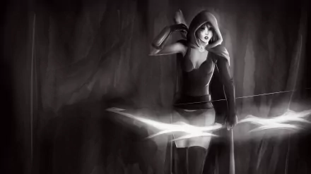 Cute fantasy archer warrior in a hood draws a glowing bow amid a misty cavern — 4K Ultra HD PC desktop wallpaper/background.