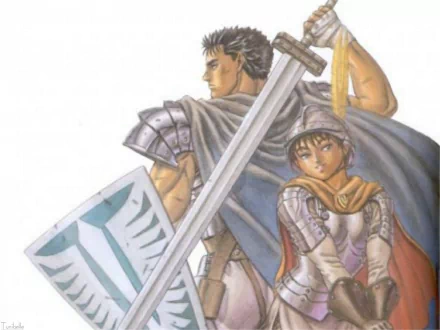 HD anime wallpaper featuring Guts and Casca from Berserk, showcasing their iconic armor and weapons in a dynamic stance.