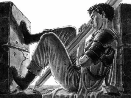 Guts from Berserk sits pensively against a wall, his sword resting beside him. This HD desktop wallpaper captures the intense atmosphere of the beloved anime series.