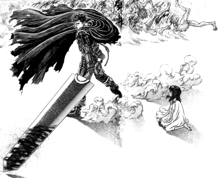 Monochrome Berserk HD PC desktop wallpaper: Guts in armor and cape perched on a colossal sword blade, Casca seated nearby amid swirling smoke, anime style.