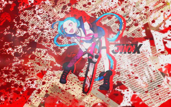 A vibrant HD wallpaper featuring Jinx from League of Legends in a school uniform, wielding a chainsaw amidst a chaotic, blood-splattered background and newspaper clippings.