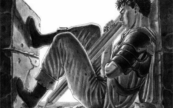 Guts from Berserk sits pensively against a wall, his sword resting beside him. This HD desktop wallpaper captures the intense atmosphere of the beloved anime series.