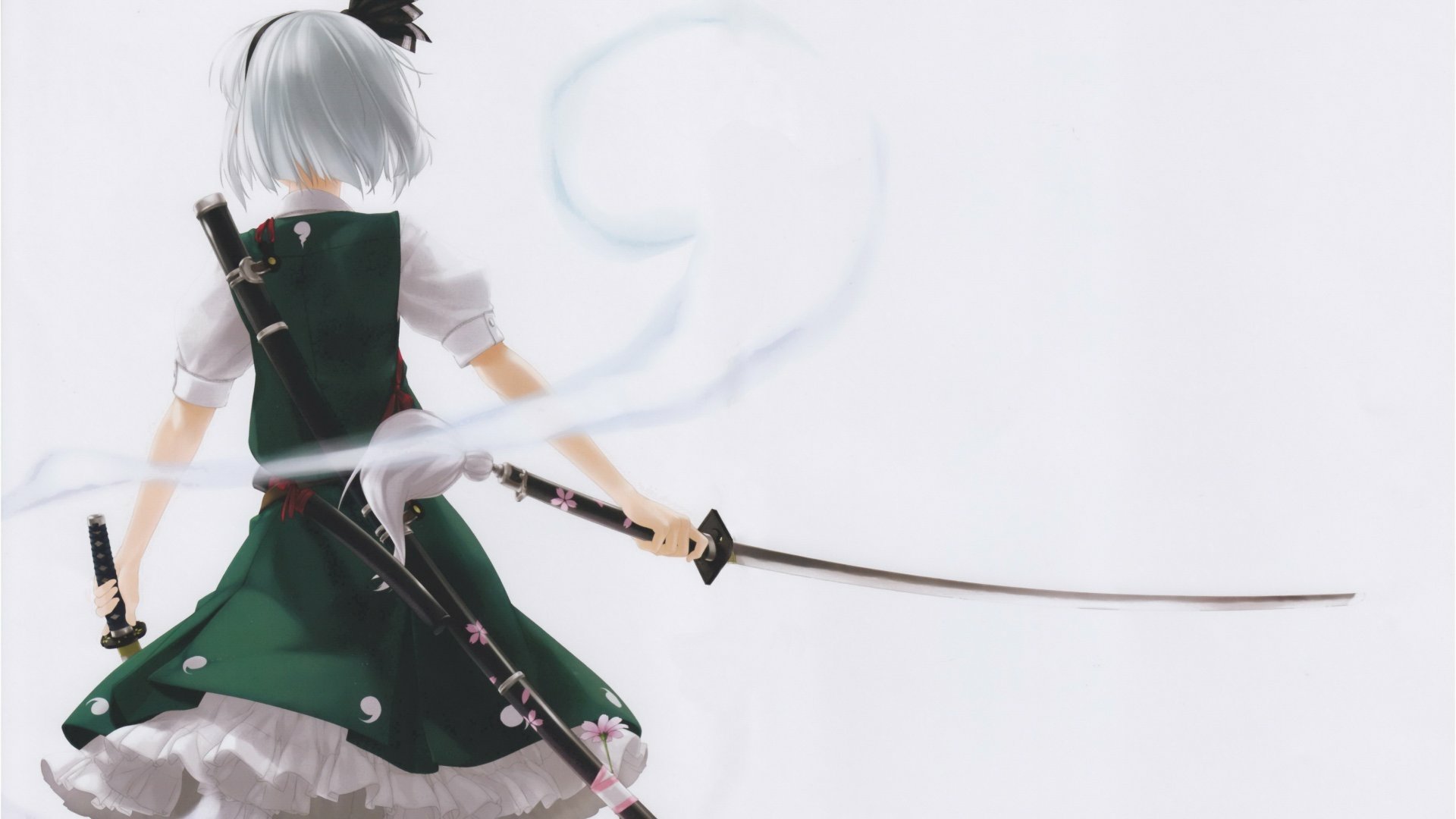 HD PC desktop wallpaper featuring Youmu Konpaku from the Touhou series, depicted wielding dual swords with a soft, minimalist background.