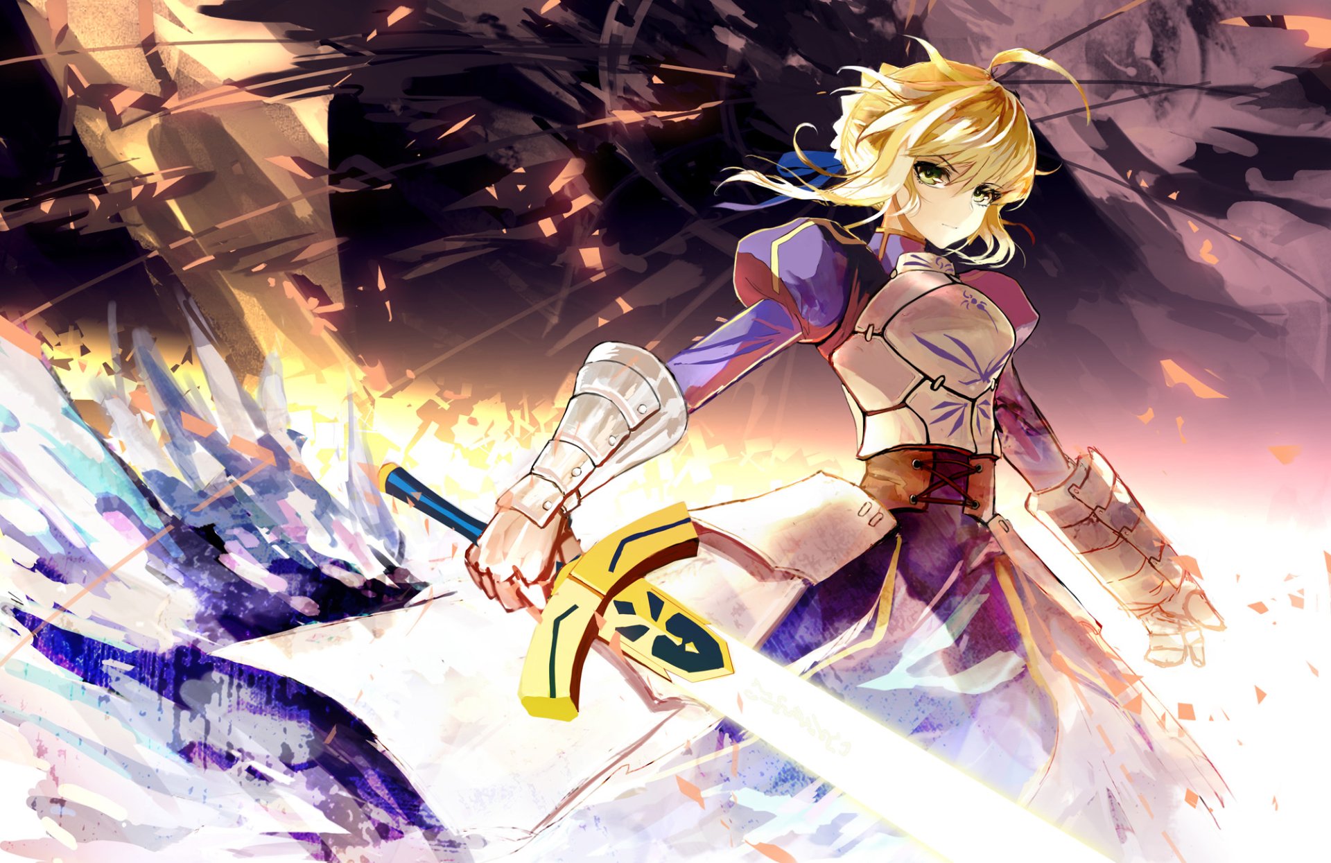 HD PC desktop wallpaper featuring Saber from Fate/Stay Night in dynamic anime style, wielding her glowing sword amid a fiery, shattered background.