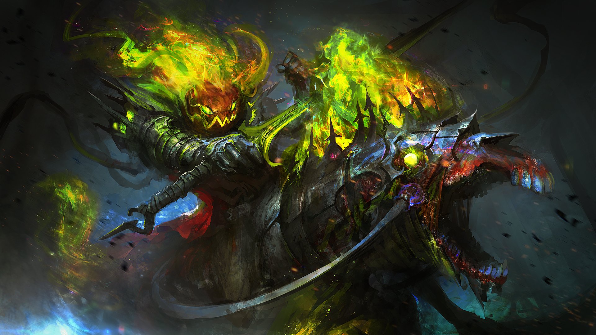 A dark fantasy HD desktop wallpaper featuring a sword-wielding, fiery-headed creature set against a haunting, Halloween-themed backdrop.