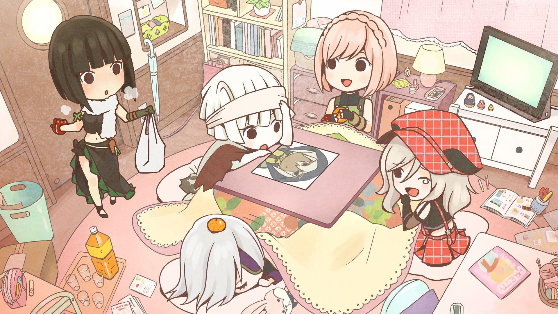 A vibrant anime scene from God Eater, featuring chibi characters enjoying a cozy gathering around a table, surrounded by colorful decor in a charming room. HD desktop wallpaper.