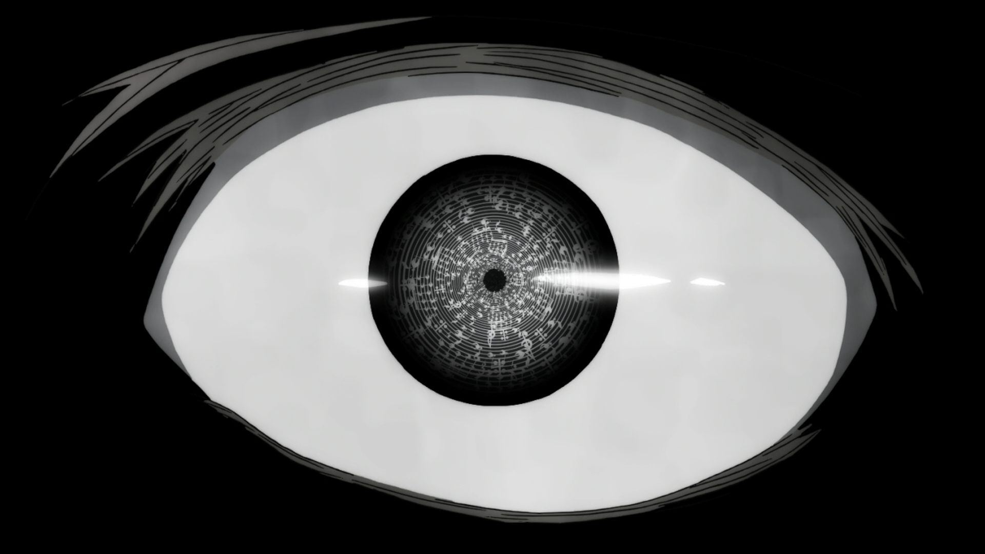 Close-up of an intense eye from Puella Magi Madoka Magica in HD, designed as a striking anime PC desktop wallpaper and background.