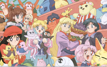 HD desktop wallpaper featuring Usagi Tsukino and friends from Sailor Moon, surrounded by colorful stuffed animals and vibrant characters in a playful scene.