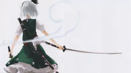 HD PC desktop wallpaper featuring Youmu Konpaku from the Touhou series, depicted wielding dual swords with a soft, minimalist background.