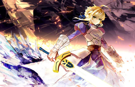 HD PC desktop wallpaper featuring Saber from Fate/Stay Night in dynamic anime style, wielding her glowing sword amid a fiery, shattered background.