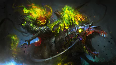 A dark fantasy HD desktop wallpaper featuring a sword-wielding, fiery-headed creature set against a haunting, Halloween-themed backdrop.