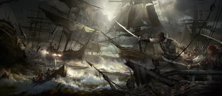 HD fantasy video game wallpaper depicting a fierce pirate sword battle aboard ships amidst a stormy seafight.
