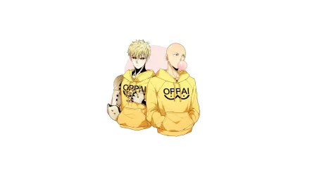 HD desktop wallpaper featuring Saitama and Genos from the anime One-Punch Man, both wearing yellow hoodies with OPPAI printed on them, against a simple white background.