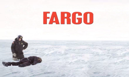 Fargo movie poster: red FARGO over a vast snowy plain; one bundled figure stands beside a person lying on the ice. HD PC desktop wallpaper and background.
